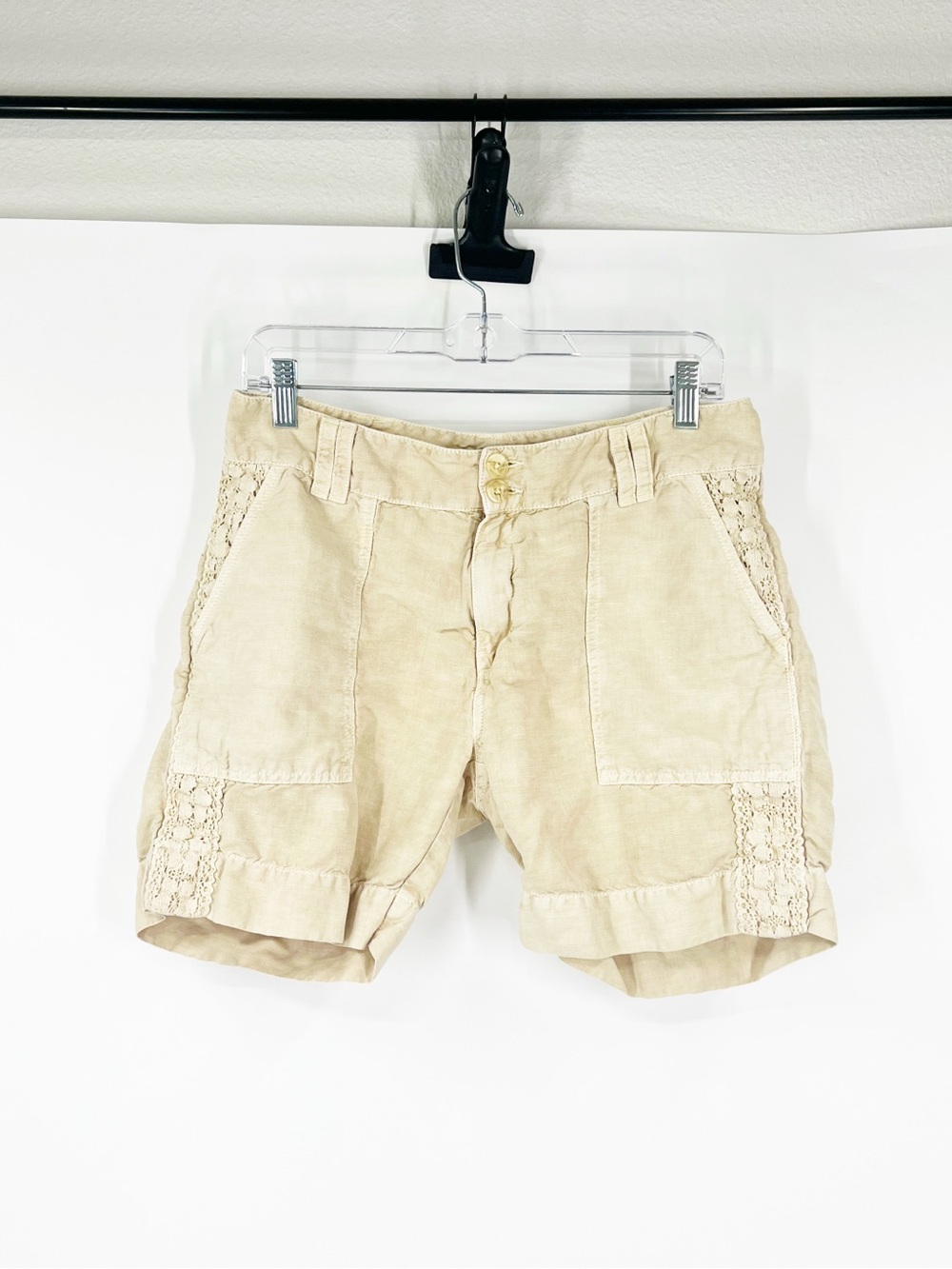 Sundance Linen Cotton Blend Mid-Rise Shorts Lace Side